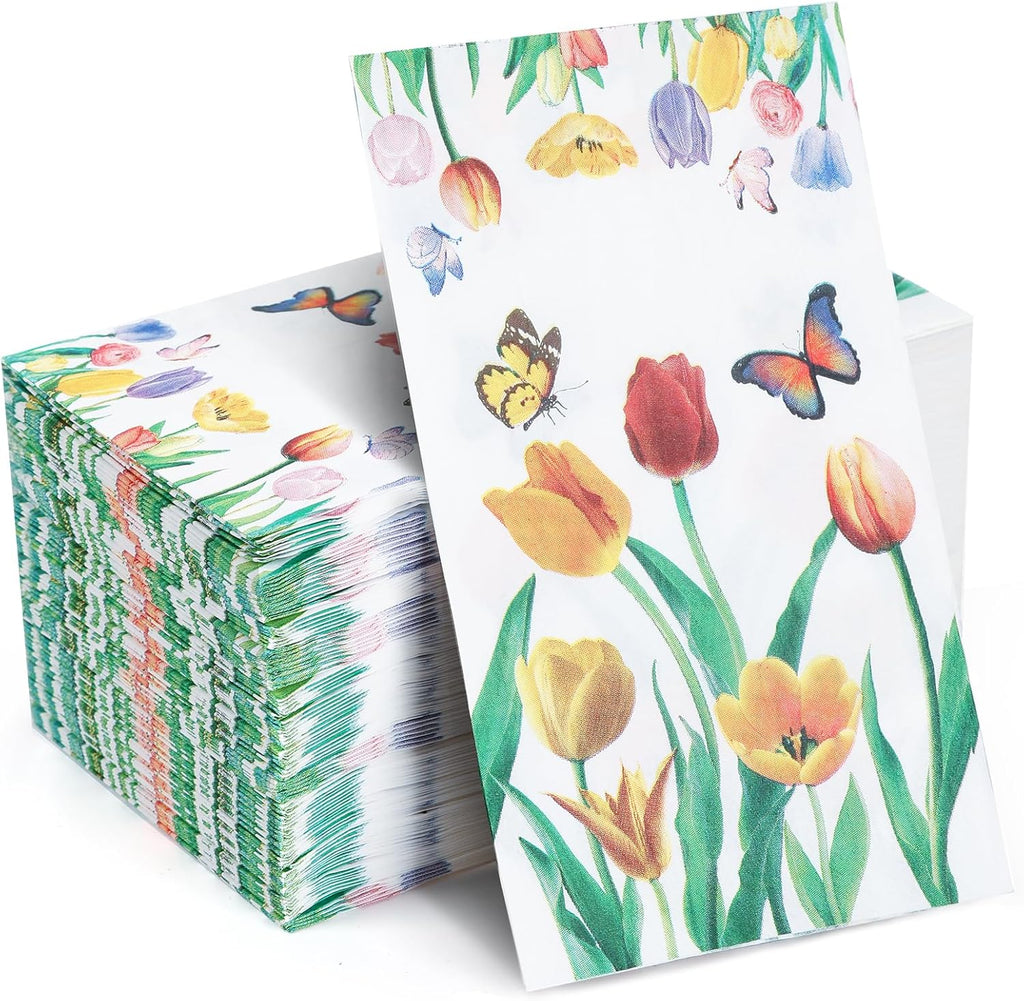 100 Pack Tulip Floral Guest Hand Towels Disposable for Bathroom, Floral Paper Napkins Decorative Spring Flowers Napkins for Bathroom Toilet Powder Room Holiday Wedding Bridal Shower (Inches, 7.8*4.3)