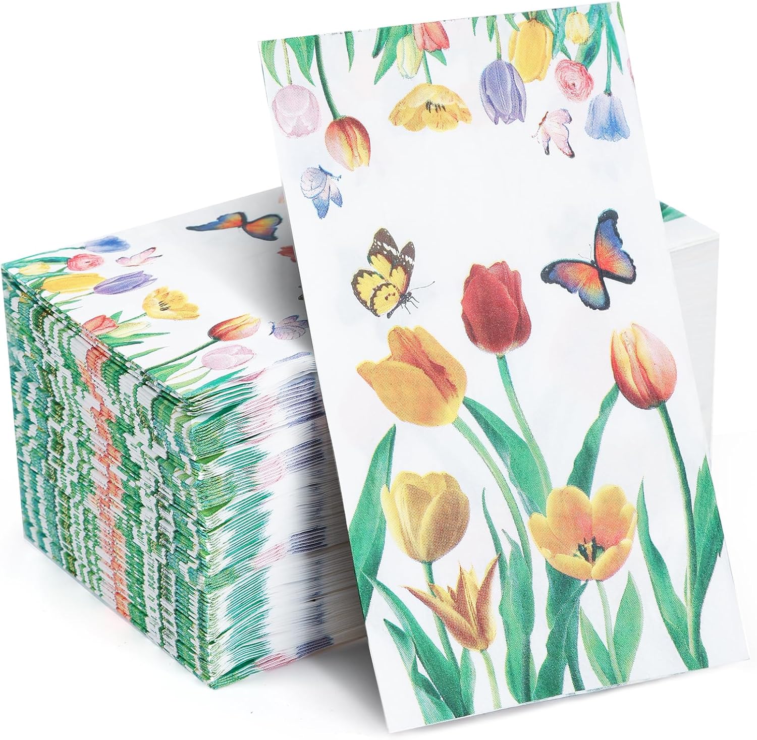 100 Pack Tulip Floral Guest Hand Towels Disposable for Bathroom, Floral Paper Napkins Decorative Spring Flowers Napkins for Bathroom Toilet Powder Room Holiday Wedding Bridal Shower (Inches, 7.8*4.3)