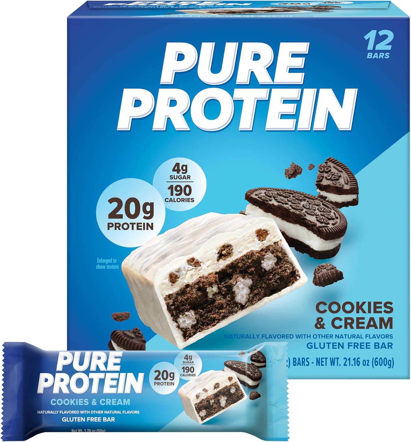Pure Protein Cookies And Cream Protein Bars – 20g Protein, 3g Sugar, 190 Calories (12 count) Low Sugar* High Protein Snack - Gluten Free - Perfect for a Healthy Snack
