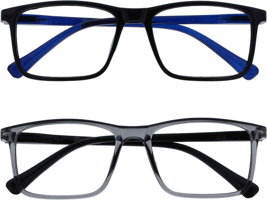 OPULIZE INK Reading Glasses - Value 2 Pack - Large Rectangular Frame - Spring Hinges - Scratch Resistant - Black Grey - Mens Womens +2.00