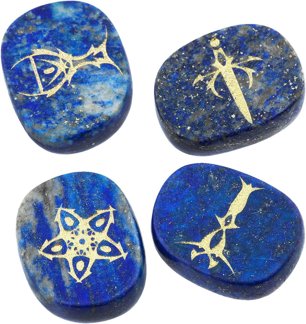 mookaitedecor 4 Piece Lapis Lazuli Stones Engraved Tarot Symbols Polished Palm Stones for Reiki Crystal Healing