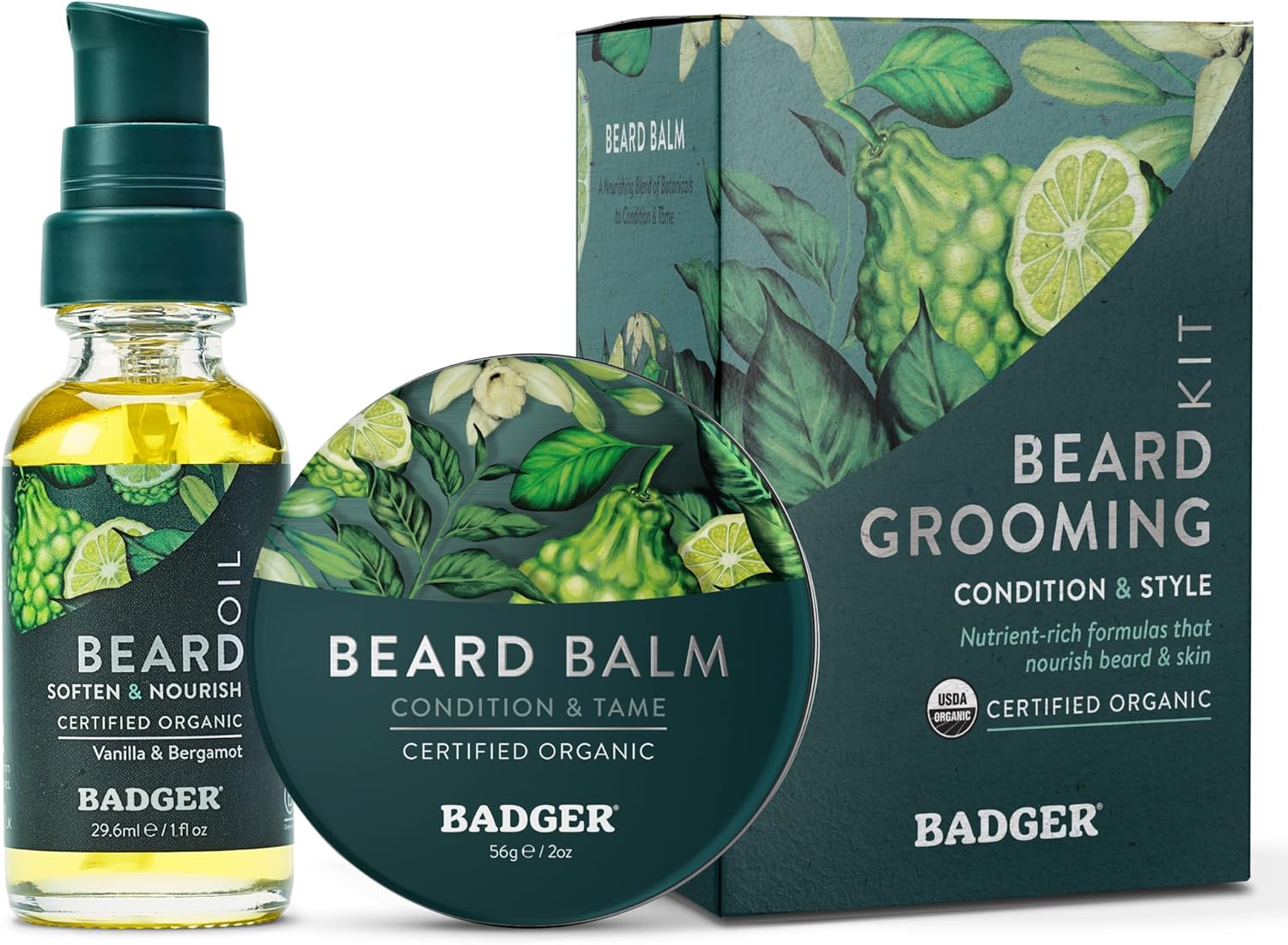 Badger Beard Grooming Kit, Organic Beard Oil Bottle + Organic Beard Balm Tin, Subtle Masculine Scent, Organic Mens Beard Care for Healthy Beard Growth, 2-Pack