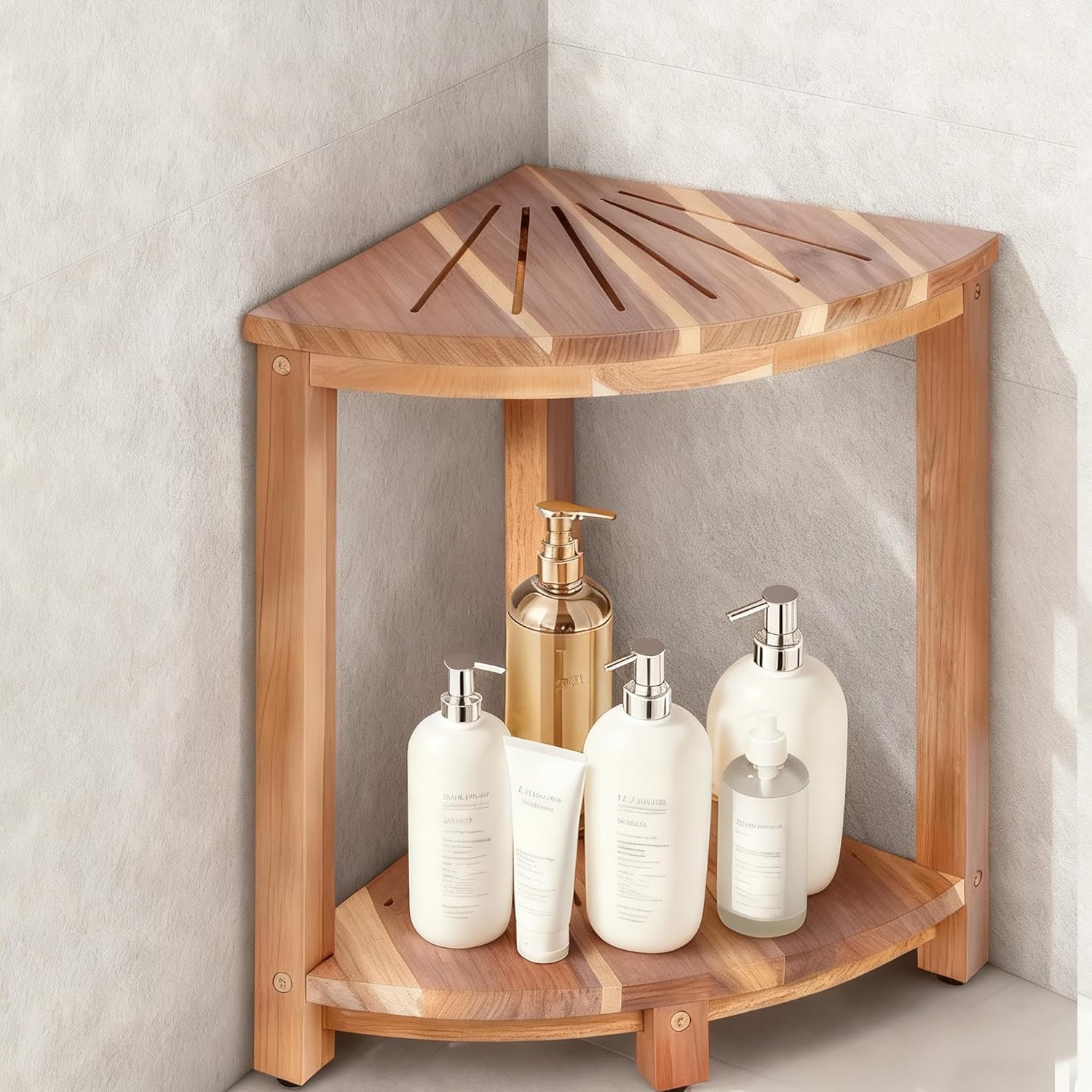 Bathroom Corner Shower Stool with Storage Shelf, Shower Feet Stool, Non-Slip Adjustable Feet Drain Holes, for Shaving Legs, SpacemSaving Shower Bench with Storage for Small Spaces