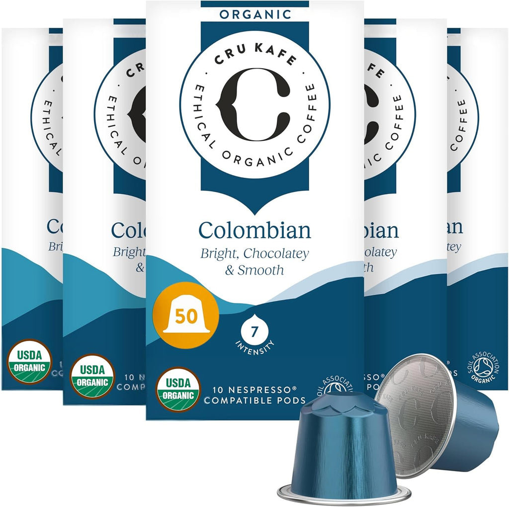 Cru Kafe Colombian USDA Organic Espresso Coffee Capsules (50 Pods) Fairtrade Coffee Pods Compatible with Nespresso Original Line and Pixie Machines