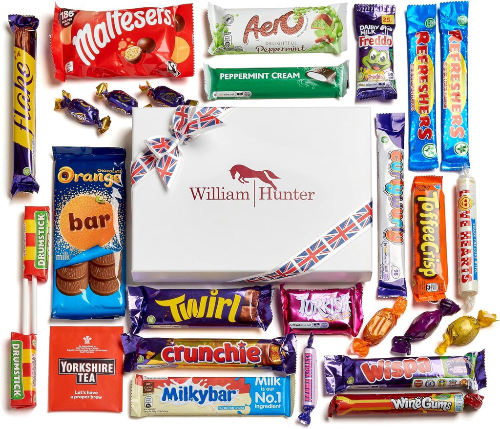 William Hunter British Candy & British Chocolate Hamper - Exquisite British Snacks & Chocolate Variety Pack - Authentic British Candy Box with Milky Way, Crunchie Bar, Aero & More, 25 Pieces
