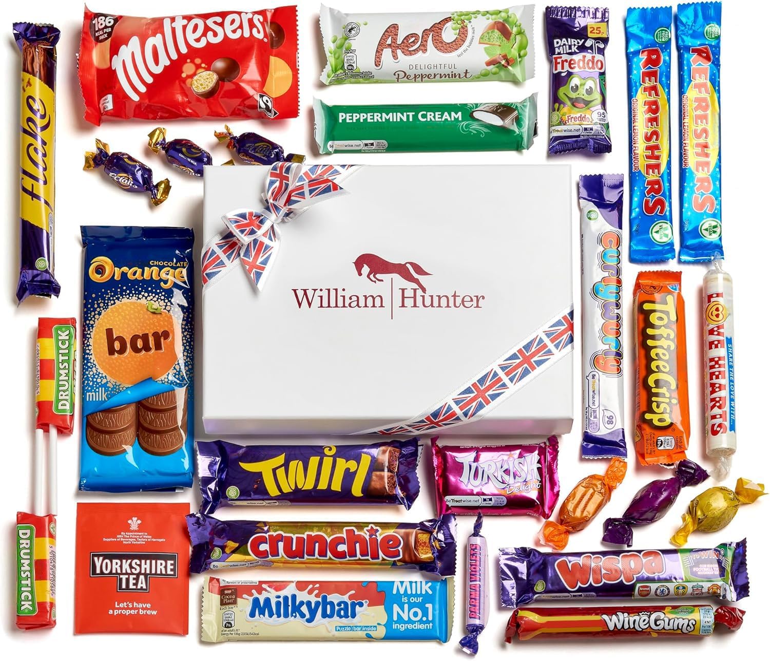 William Hunter British Candy & British Chocolate Hamper - Exquisite British Snacks & Chocolate Variety Pack - Authentic British Candy Box with Milky Way, Crunchie Bar, Aero & More, 25 Pieces