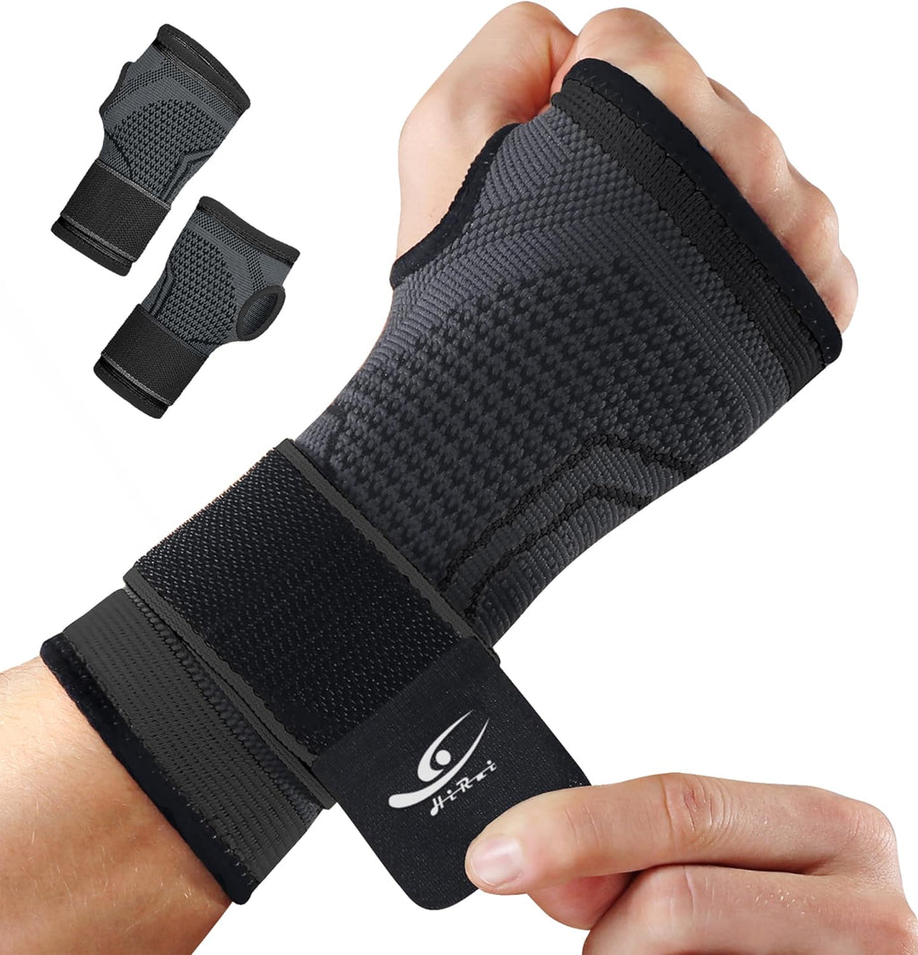 HiRui 2-Pack Wrist Brace Wrist Wraps, Hand Compression Sleeves with Wrist Straps Support for Fitness Weightlifting MTB Tendonitis Carpal Tunnel Arthritis Pain Relief (Black, Medium)