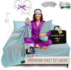 Grounding Sheet Set - Queen Size, Cloud Gray Fitted & Flat Sheets with Pillowcases - 12% Silver Fiber, 4% Silk, 84% Cotton - Quality Certified Conductive Bed Grounding Kit for Better Sleep