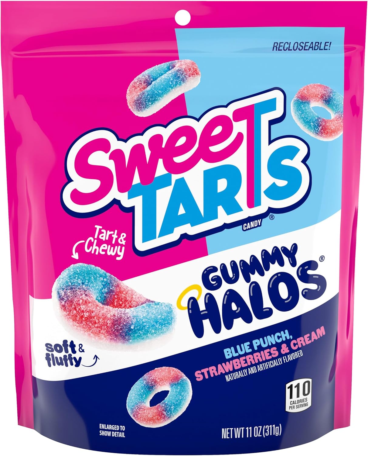 SweeTARTS Halos, Candy, Blue Punch and Strawberries and Cream, Tart and Chewy, Soft and Fluffy, 11 oz