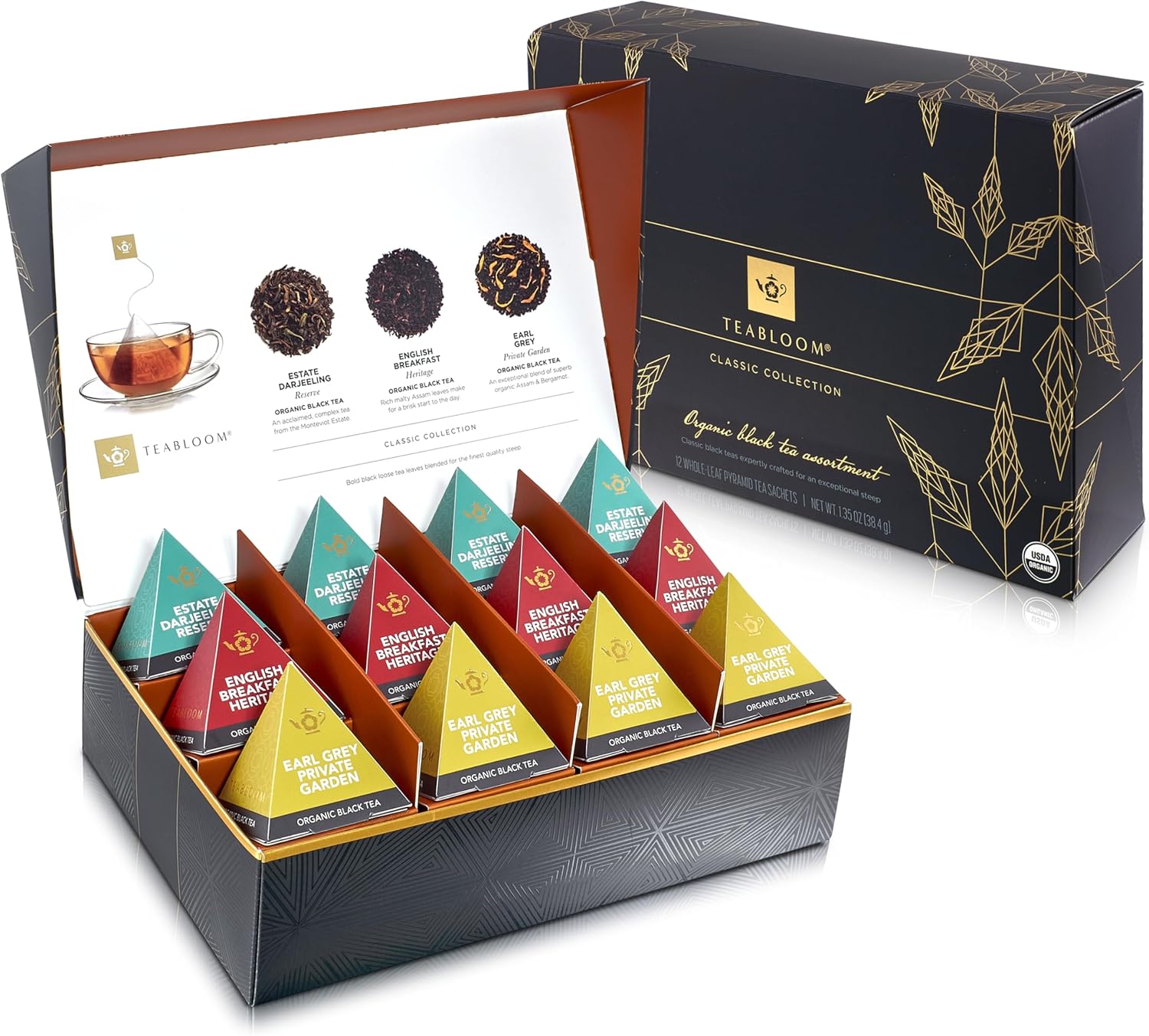 Teabloom Classic Black Teas – Organic Assortment with 12 Plant-Based Pyramid Sachets, Earl Grey, Darjeeling & English Breakfast, Elegant Presentation Box for Tea Enthusiasts