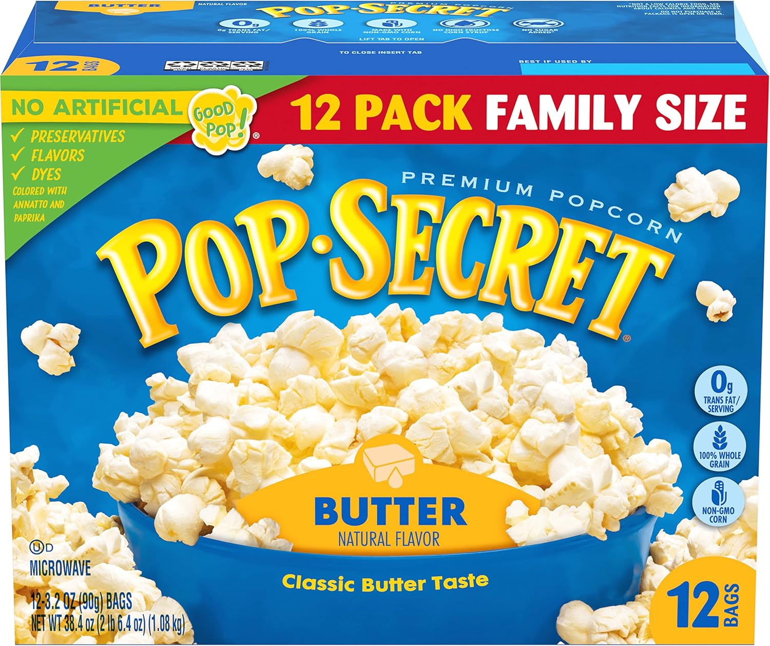 Pop Secret Butter Microwave Popcorn 12ct (3.2oz Bags), 38.4oz Box (Pack of 1)