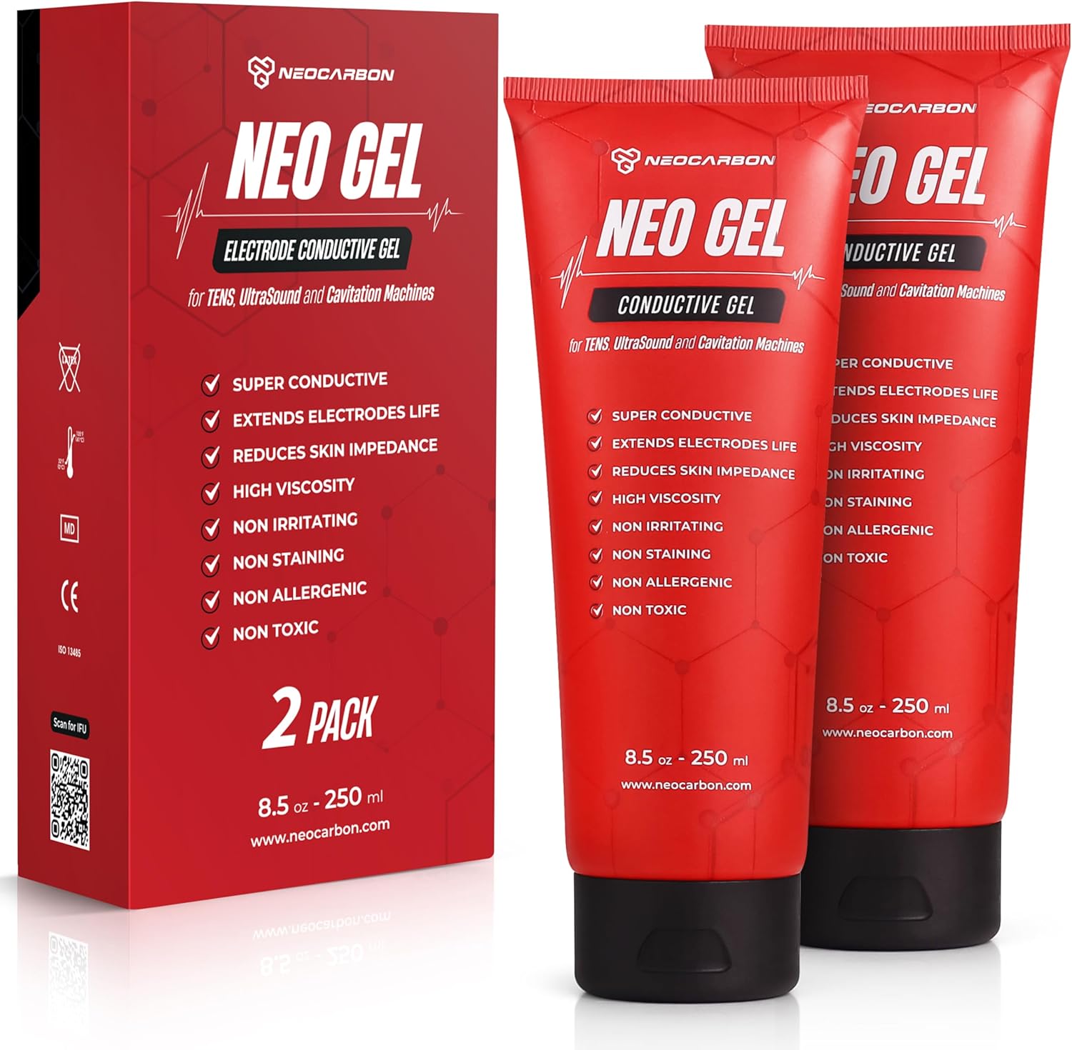 NEOCARBON Electrode Conductive Gel for TENS Unit, Doppler Ultrasound Device, Cavitation microcurrent Machine and Replacement Pads, Clear 2 Pack, 250 ml