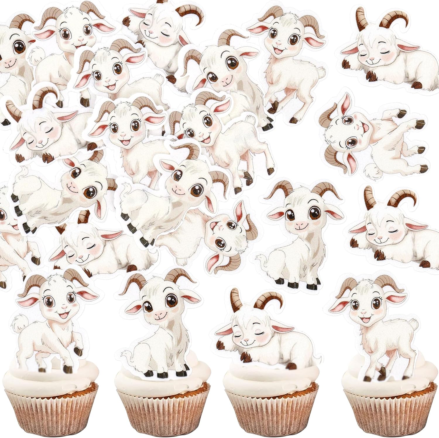 Ercadio 48Pcs Edible Goat Cupcake Toppers Sheep Cupcake Picks Animal Goat Cake Decorations for Baby Shower Kids Birthday Animal Theme Party Decorations Supplies