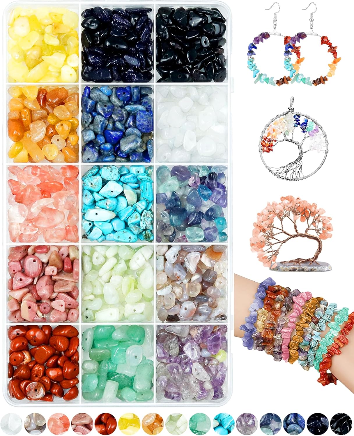 FIVEIZERO 600pcs Natural Chip Stone Beads 5-8mm - 15 Color Crystal Chip Beads for Jewelry Making, Valentine's Day Bracelet,DIY Irregular Gemstone Beads with Drilled Holes