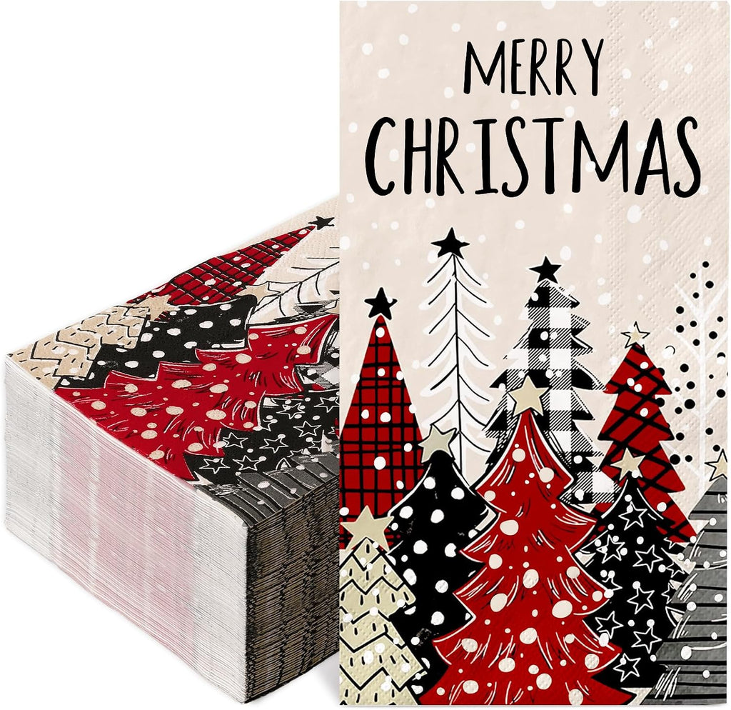JarThenaAMCS 100Pcs Christmas Guest Napkins Rustic Plaid Xmas Tree Disposable Paper Napkins Winter Dinner Hand Napkins for Holiday Party Tableware Supplies
