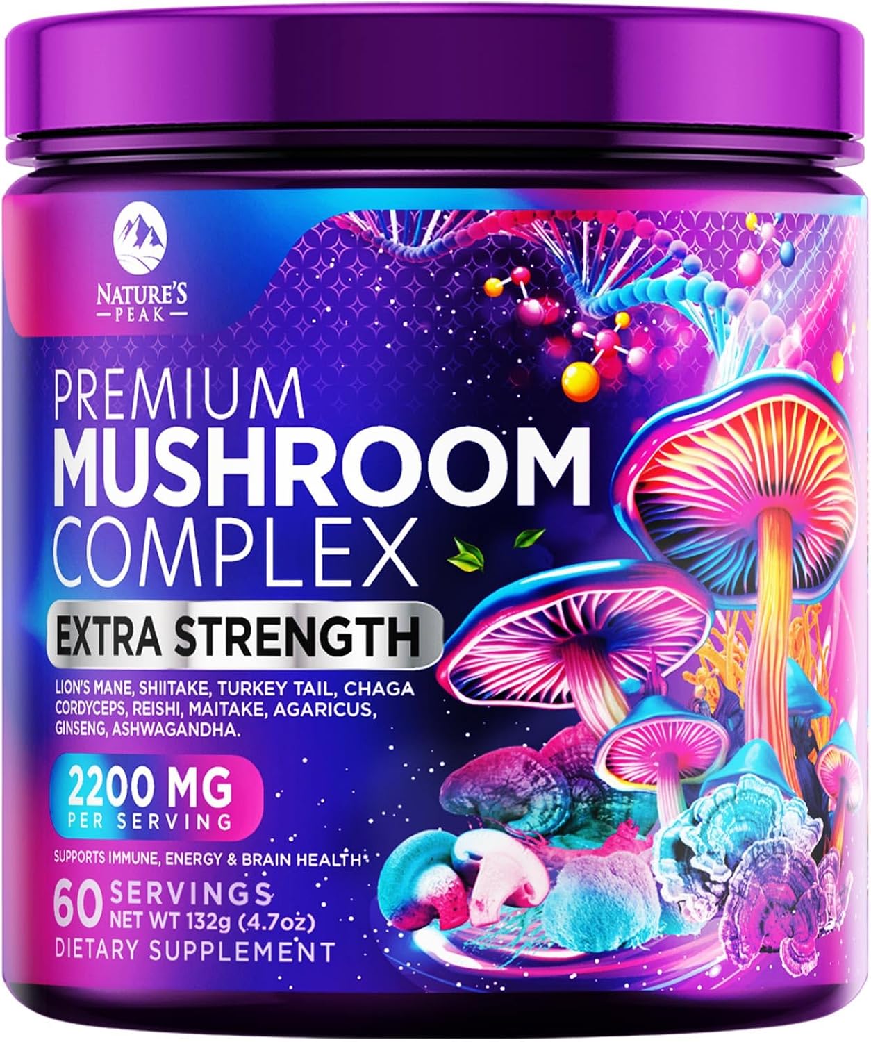 Mushroom Powder Supplement - 11-in-1 Blend - Organic Lions Mane, Reishi, Cordyceps, Chaga, Turkey Tail Mushroom Extract Powder - Brain & Immune Support Mushrooms Powder - Bottled in USA - 60 Servings