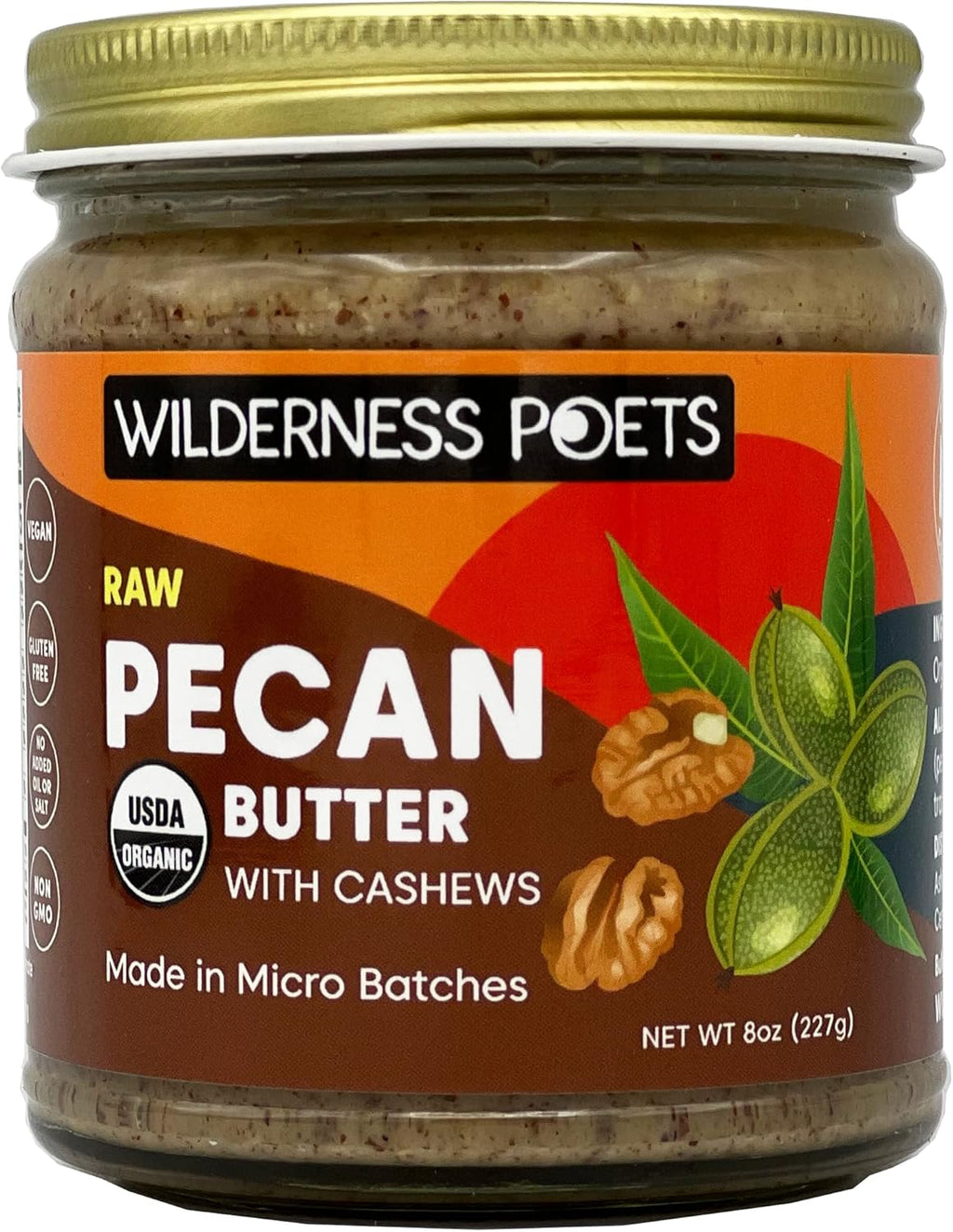 Wilderness Poets, Pecan Butter with Cashews - Organic & Raw (8 Ounce) - Glass Jar