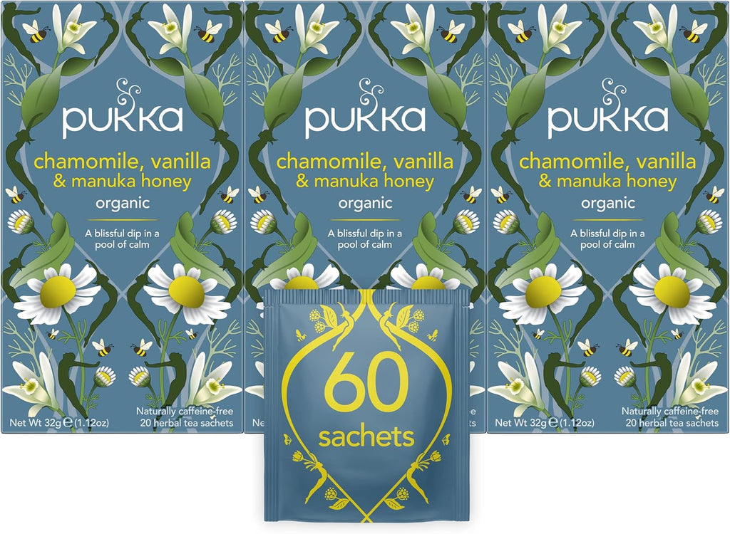 Pukka Organic Tea Bags, Chamomile, Vanilla and Manuka Honey Herbal Tea, Perfect for Moments of Calm, 20 Count (Pack of 3) 60 Tea Bags