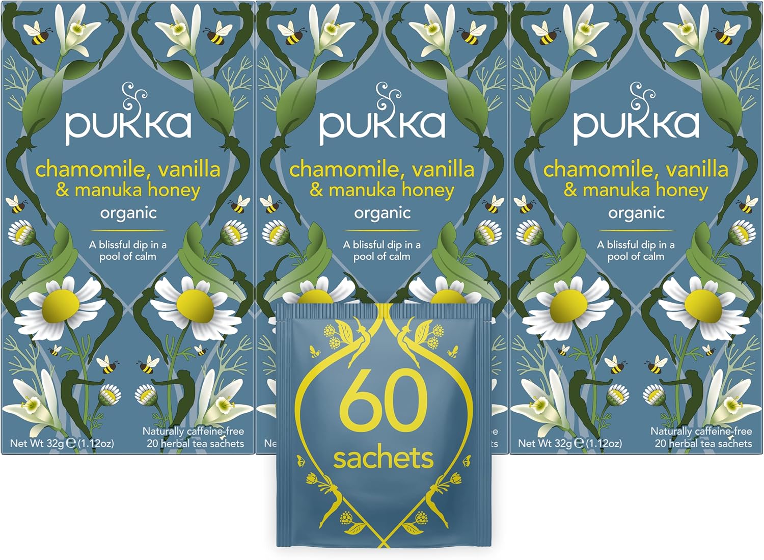 Pukka Organic Tea Bags, Chamomile, Vanilla and Manuka Honey Herbal Tea, Perfect for Moments of Calm, 20 Count (Pack of 3) 60 Tea Bags