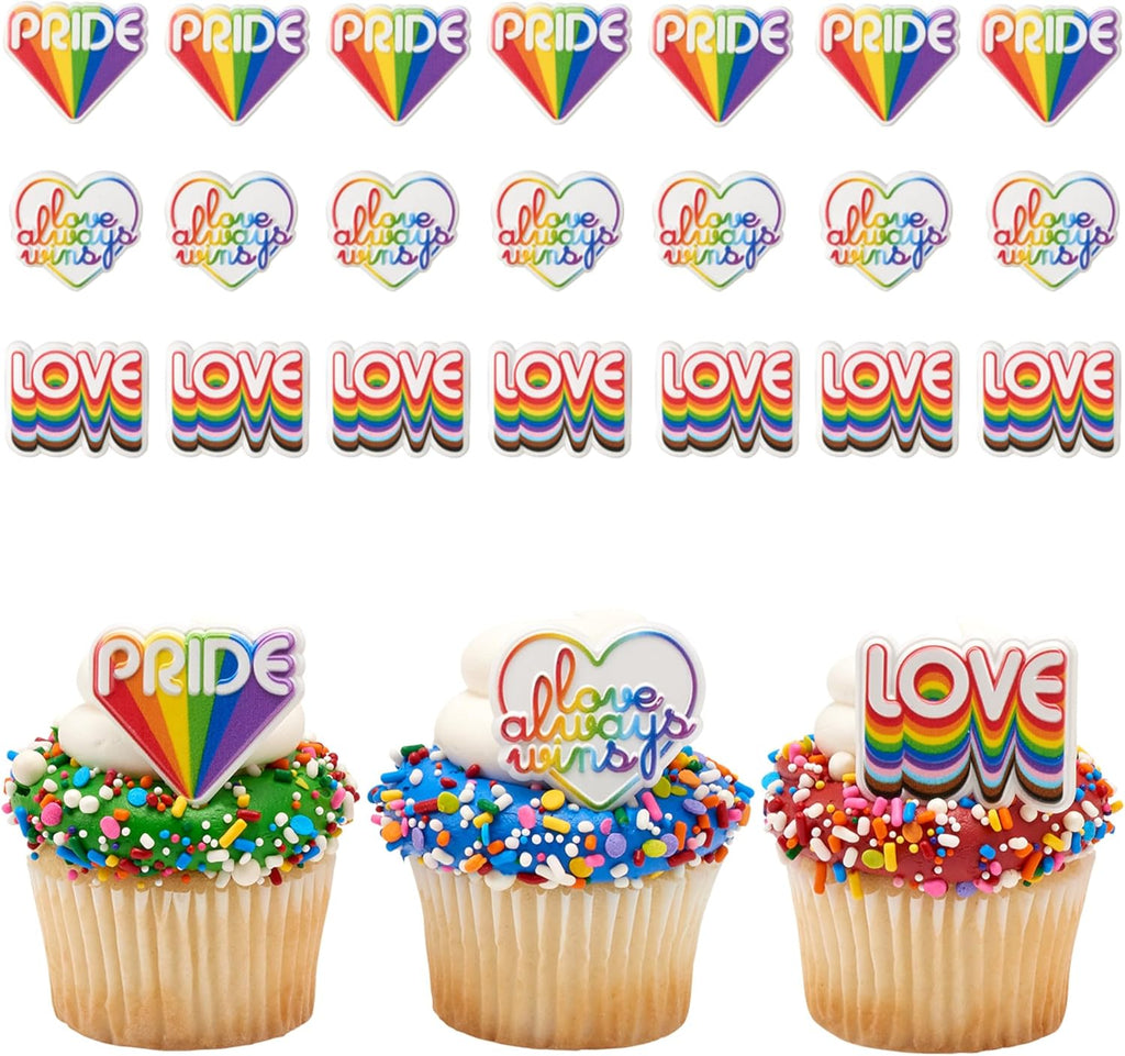 DecoPac Love Always Wins Rings, Rainbow Pride Cupcake Toppers, Celebration Cupcake Decorations, Food Safe Cake Topper – 24 Pack