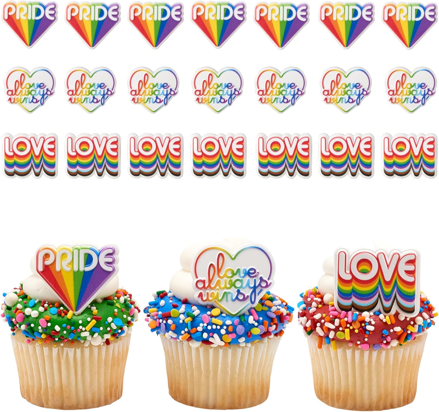 DecoPac Love Always Wins Rings, Rainbow Pride Cupcake Toppers, Celebration Cupcake Decorations, Food Safe Cake Topper – 24 Pack