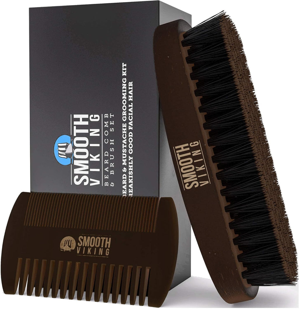 Smooth Viking Beard Brush & Comb Gift Set for Men - Natural Boar Bristle Hair Brush & Wooden Comb, Boar Brush for Facial Hair Styling, Grooming & Beard Shaping Tool, Men Hair Products - Brown