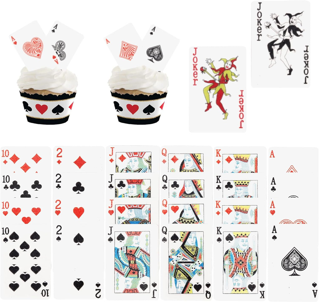 52 Pack Edible Poker Cupcake Toppers Playing Cards Cupcake Picks Casino Water Paper Playing Card Game Cake Decoration for Vegas Casino Night Party Supplies