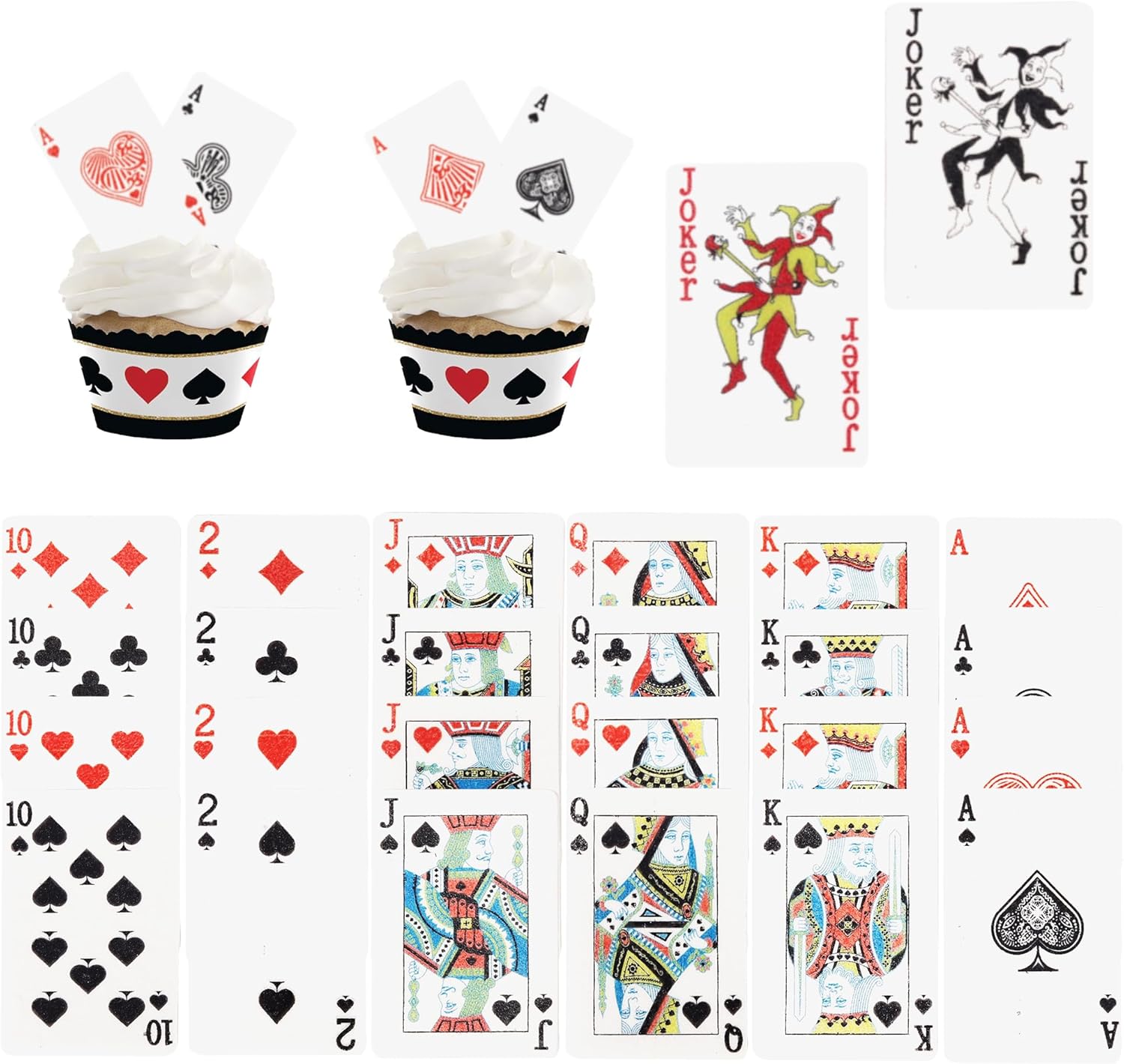 52 Pack Edible Poker Cupcake Toppers Playing Cards Cupcake Picks Casino Water Paper Playing Card Game Cake Decoration for Vegas Casino Night Party Supplies