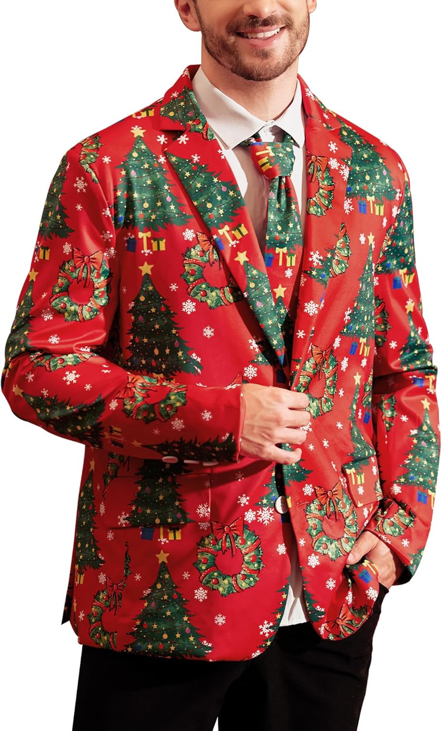 Arvilhill Men's Christmas Blazer with Tie - Ugly X-Mas Festive Jacket - Christmas Theme Party Suit for Men (S-XXL)