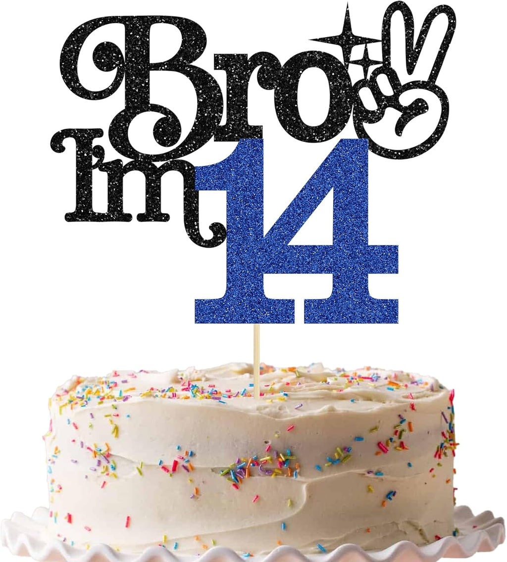 Gyufise 1Pc Brother I'm 14 Cake Topper Glitter Happy 14th Birthday Cake Pick Bro I'm 14 Cake Decoration It's My 14th Birthday Decorations for Boy Cheers to 14 Years Old Party Supplies Blue Black