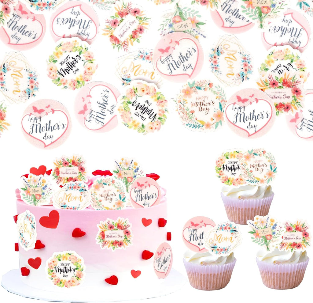 60 PCS Edible Happy Mother's Day Cupcake Toppers Wafer Paper Best Mom Cupcake Picks Edible Flowers Love Mother Cake Decorations for Happy Mother's Day Women Birthday Party Food Decorations Supplies
