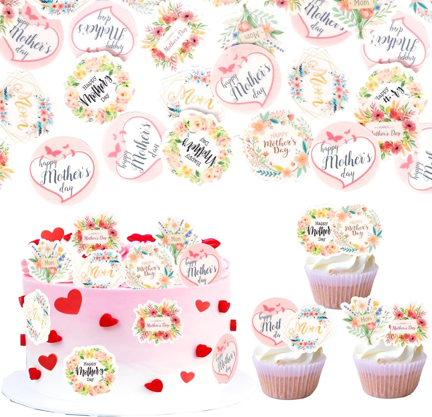 60 PCS Edible Happy Mother's Day Cupcake Toppers Wafer Paper Best Mom Cupcake Picks Edible Flowers Love Mother Cake Decorations for Happy Mother's Day Women Birthday Party Food Decorations Supplies