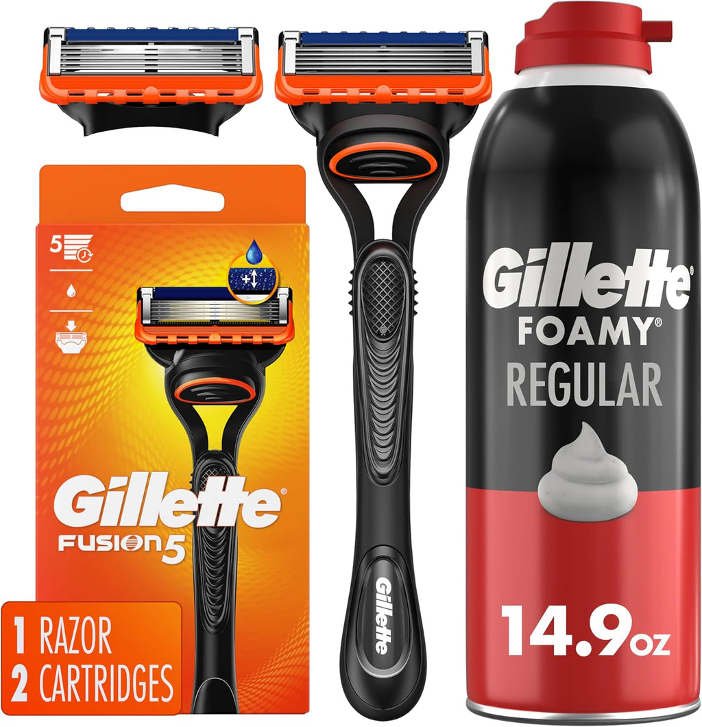 Gillette Fusion5 Razor for Men, Handle + 2 Razor Blade Refills with Gillette Foamy Classic Shave Foam for Men, Protection Against Shaving Irritation, Quick and Smooth Shave, shaving cream, 14.9 Oz