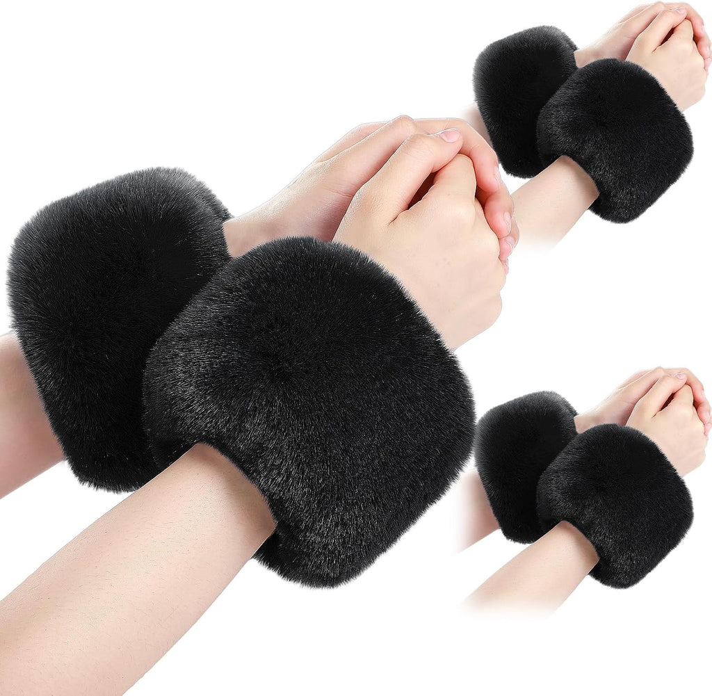SATINIOR 3 Pairs Faux Fur Short Wrist Cuff Winter Fuzzy Wrist Cuff Warmers for Women Girls Favors