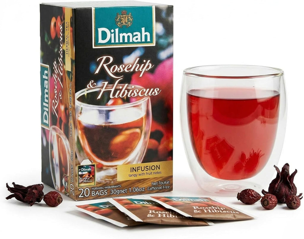 Dilmah Rosehip & Hibiscus Herbal Tea – 20 Individually Foil Wrapped Tea Bags, Naturally Caffeine-Free Red Infusion, 70% Rosehip & 30% Hibiscus, Premium Herbal Blend
