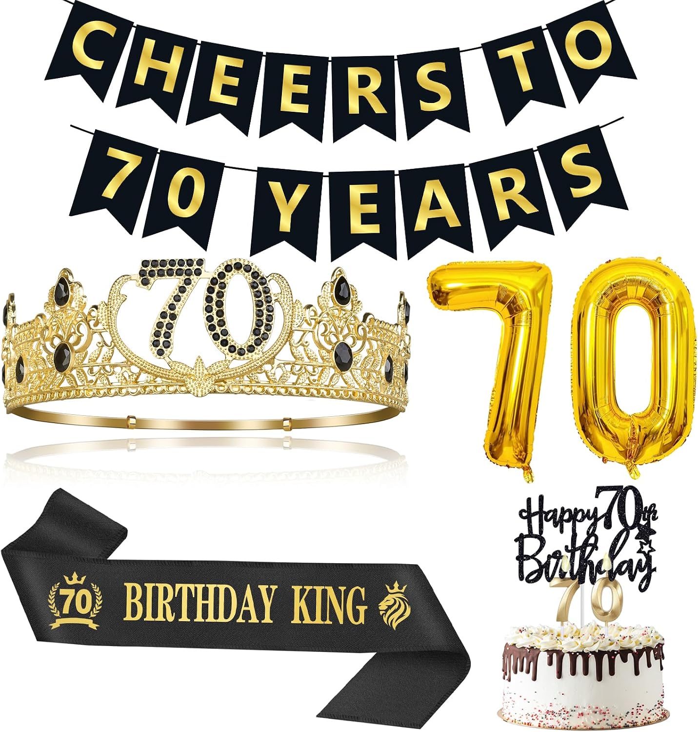 70th Birthday Gifts for Men, 70th Birthday Decorations for Men, Party Decor Supplies including King Crown & Sash & Banner & Balloons & Cake Topper & Candles