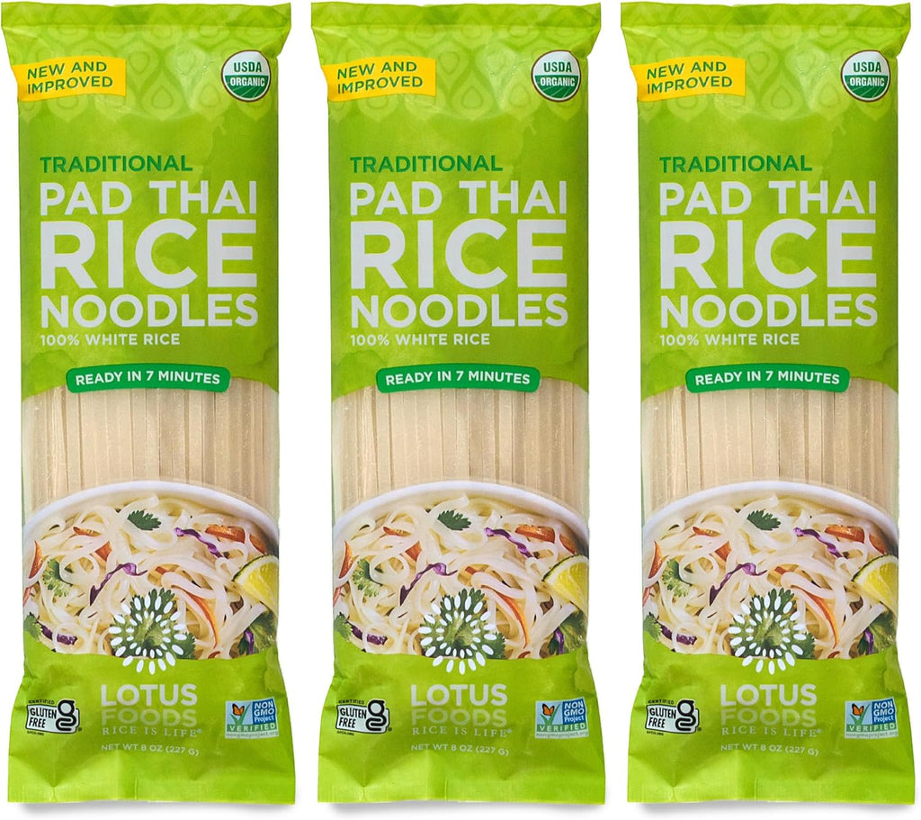 Lotus Foods Traditional Pad Thai Rice Noodles - Pad Thai Noodles, Asian Noodles, Gluten Free Noodles, Rice Noodles, Whole Grain, Non GMO, USDA Organic - 8 Oz (Pack of 3)