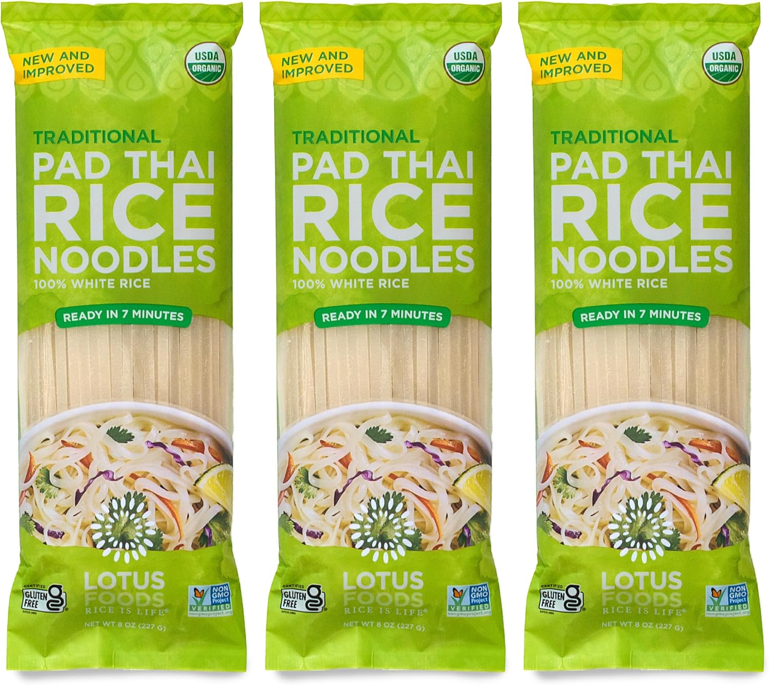 Lotus Foods Traditional Pad Thai Rice Noodles - Pad Thai Noodles, Asian Noodles, Gluten Free Noodles, Rice Noodles, Whole Grain, Non GMO, USDA Organic - 8 Oz (Pack of 3)