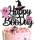 Happy Boo Day Cake Topper Pink and Black Halloween Cake Decoration Halloween Ghost Witches Bat Spider Pumpkin Theme for Kids Girl Birthday Baby Shower Party Supplies