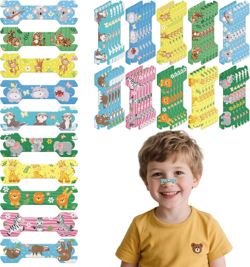 60 Pcs Cartoon Animals Nose Strips for Kids, 1.73 * 0.55 Extra Strength Kids Nasal Strips for Breathing Children Sleeping Tape Anti Snoring Solution Nose Tape Nose Strip