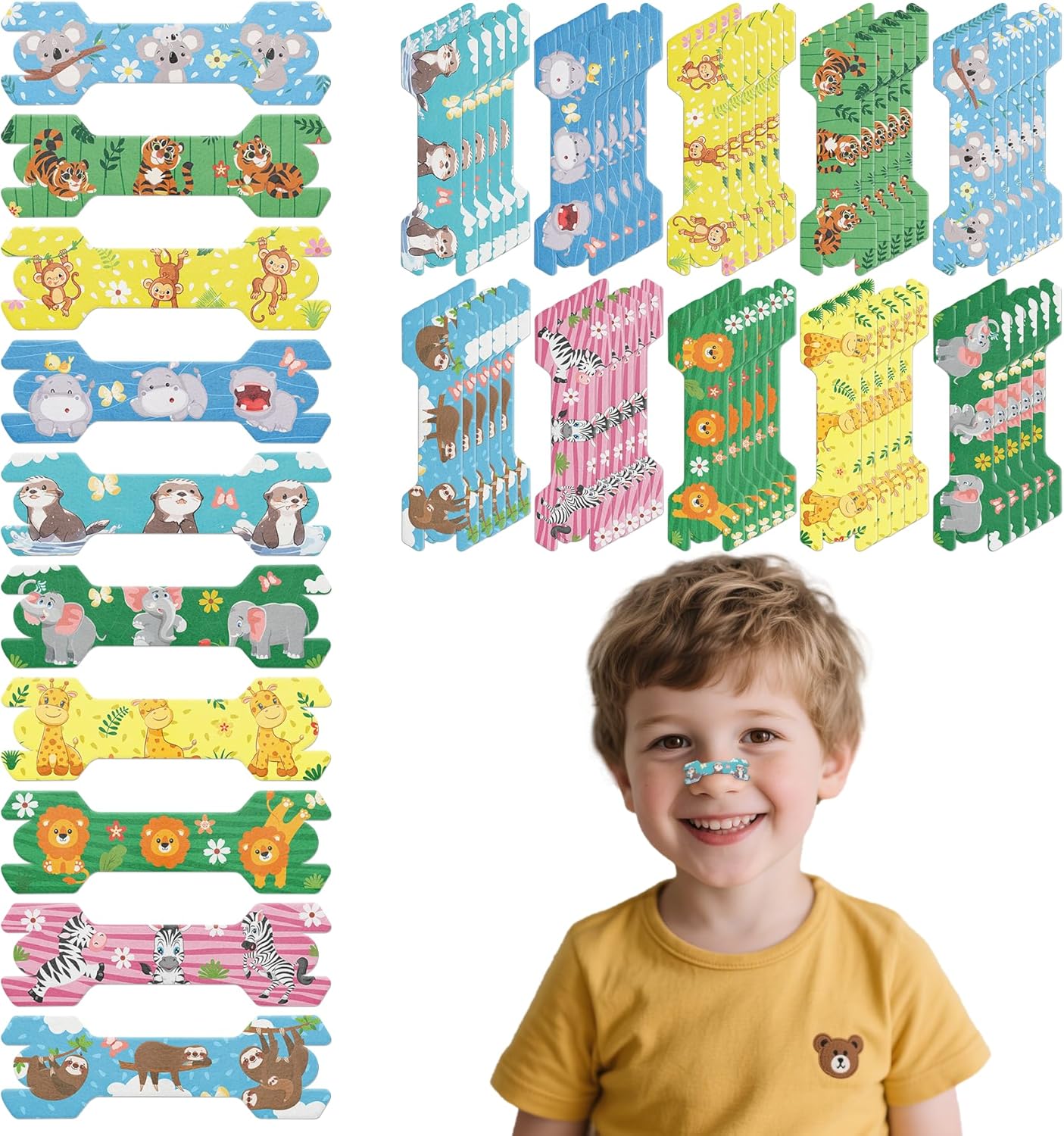 60 Pcs Cartoon Animals Nose Strips for Kids, 1.73 * 0.55 Extra Strength Kids Nasal Strips for Breathing Children Sleeping Tape Anti Snoring Solution Nose Tape Nose Strip