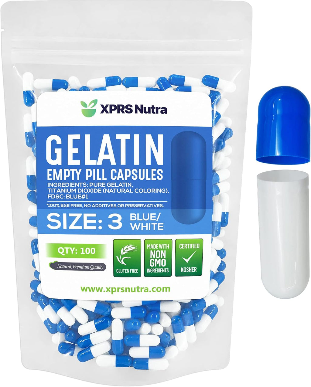 XPRS Nutra Size 3 Empty Capsules - 100 Count Empty Gelatin Capsules - Pills DIY Capsule Filling - Pure Bovine Pill Gel Caps Fillable for Do-It-Yourself Vitamins and Supplements (Blue/White)