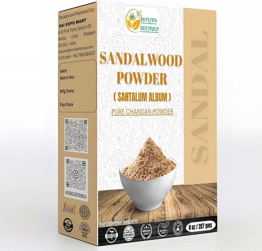 Herbs Botanica Chandan Sandalwood Powder Natural 227gm / 8 oz For Skin, Face Pack, Face Mask, Worship Tilak, Auspicious Occasions 100% Natural, Soothing, Cleansing, Wrinkles