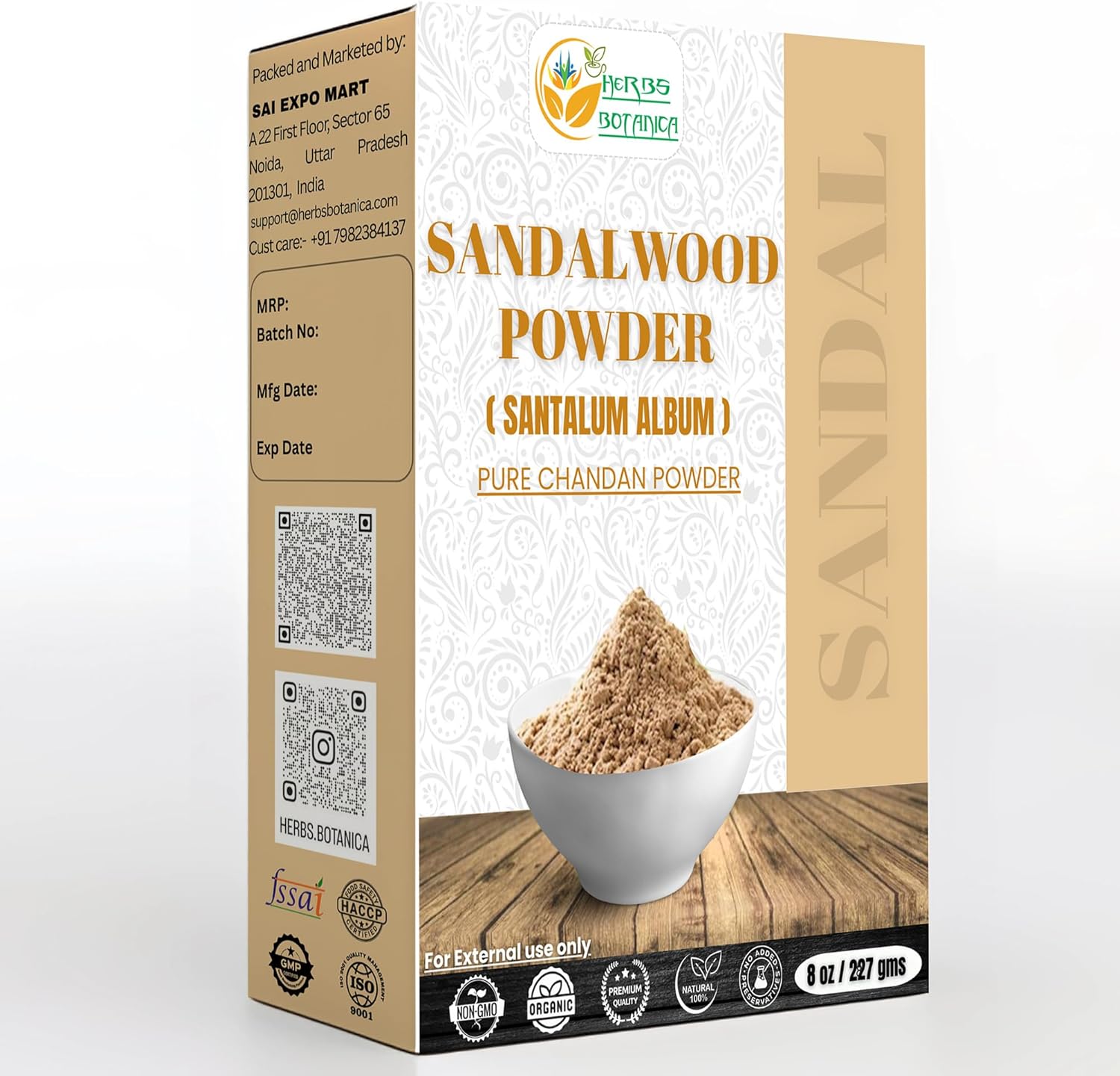 Herbs Botanica Chandan Sandalwood Powder Natural 227gm / 8 oz For Skin, Face Pack, Face Mask, Worship Tilak, Auspicious Occasions 100% Natural, Soothing, Cleansing, Wrinkles