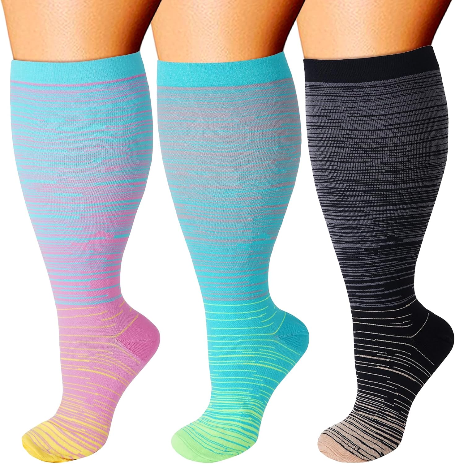 Double Couple 3 Pairs Wide Calf Compression Socks for Women Men 20-30 mmHg Plus Size Knee High Compression Stockings for Nurse Sports