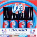 ICEE 4 Pack Slushie Syrups. Genuine ICEE Shaved Ice Snow Cone Syrups including Purple Grape, Cola, Blue Raspberry and Cherry Flavors. 4 x 6.1floz. Perfect For Snow Cones, Slushies, Sodas & Ice Pops.