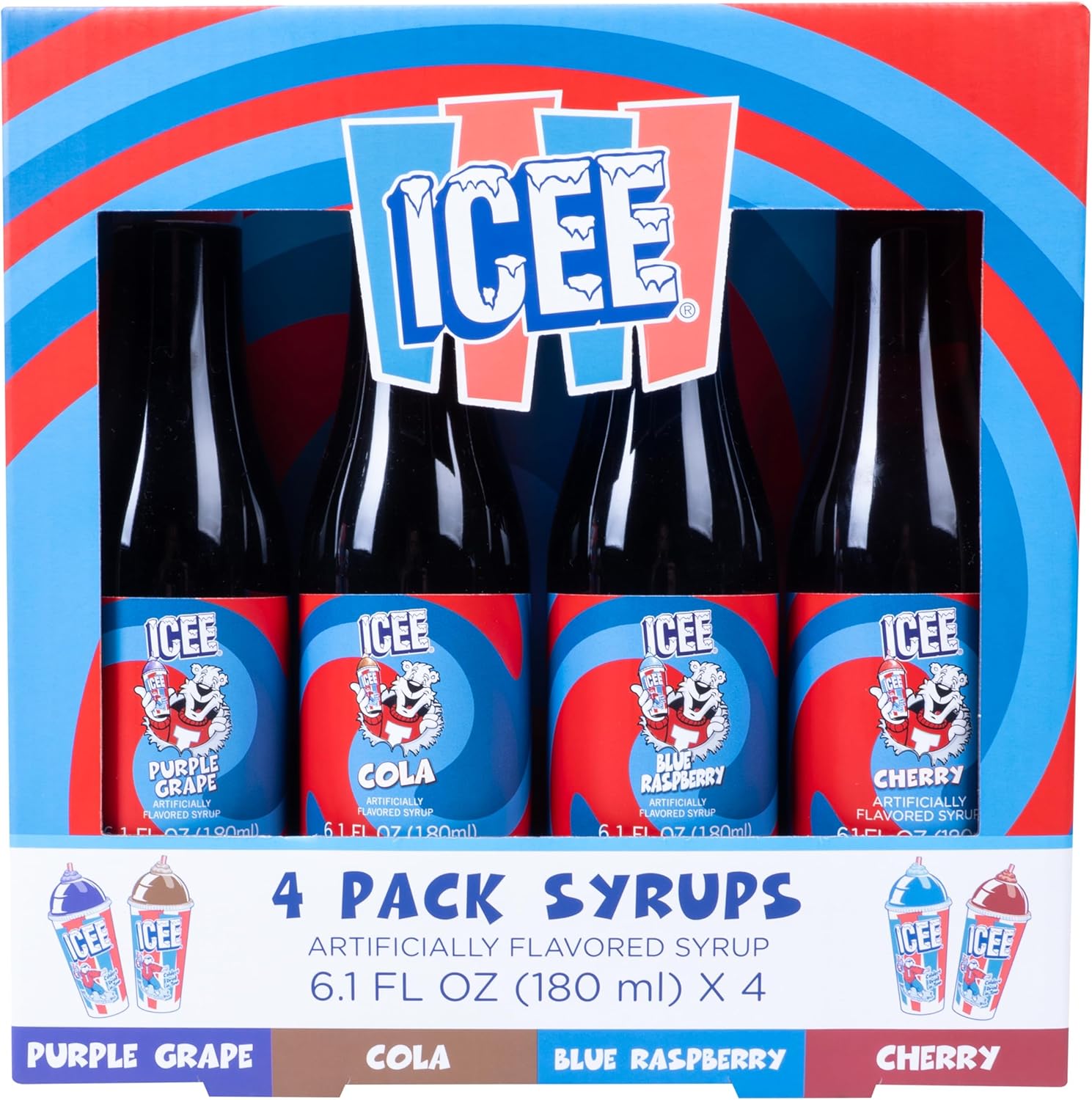 ICEE 4 Pack Slushie Syrups. Genuine ICEE Shaved Ice Snow Cone Syrups including Purple Grape, Cola, Blue Raspberry and Cherry Flavors. 4 x 6.1floz. Perfect For Snow Cones, Slushies, Sodas & Ice Pops.