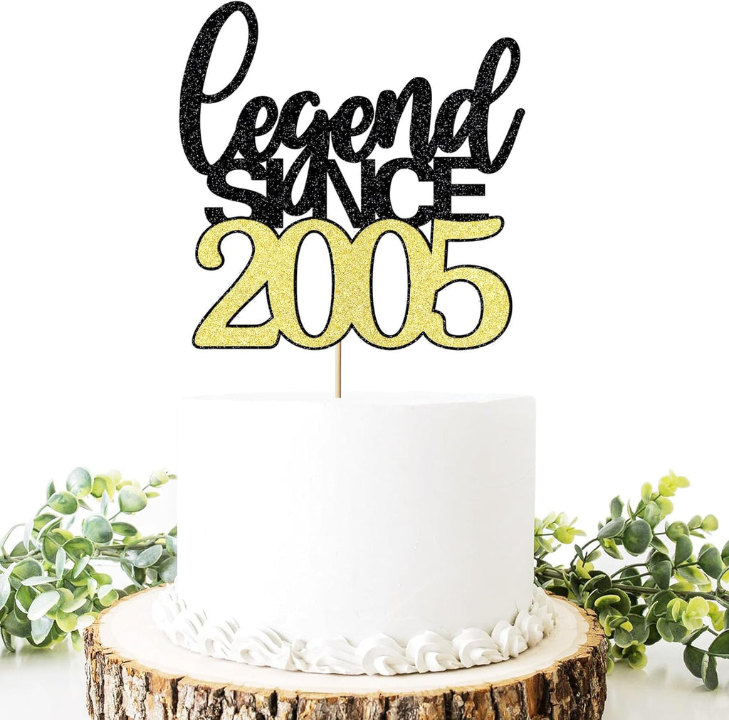 Legend Since 2005 Cake Topper 20th Birthday Happy Birthday Cake Topper Men and Women Cheer 20 Years Old Handmade Black Gold Glitter Cake Decoration (black gold, 2005)