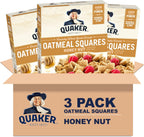 Quaker Oatmeal Squares Crunchy Whole Grain Breakfast Cereal, Honey Nut, 14.5 Oz Boxes (Pack of 3)