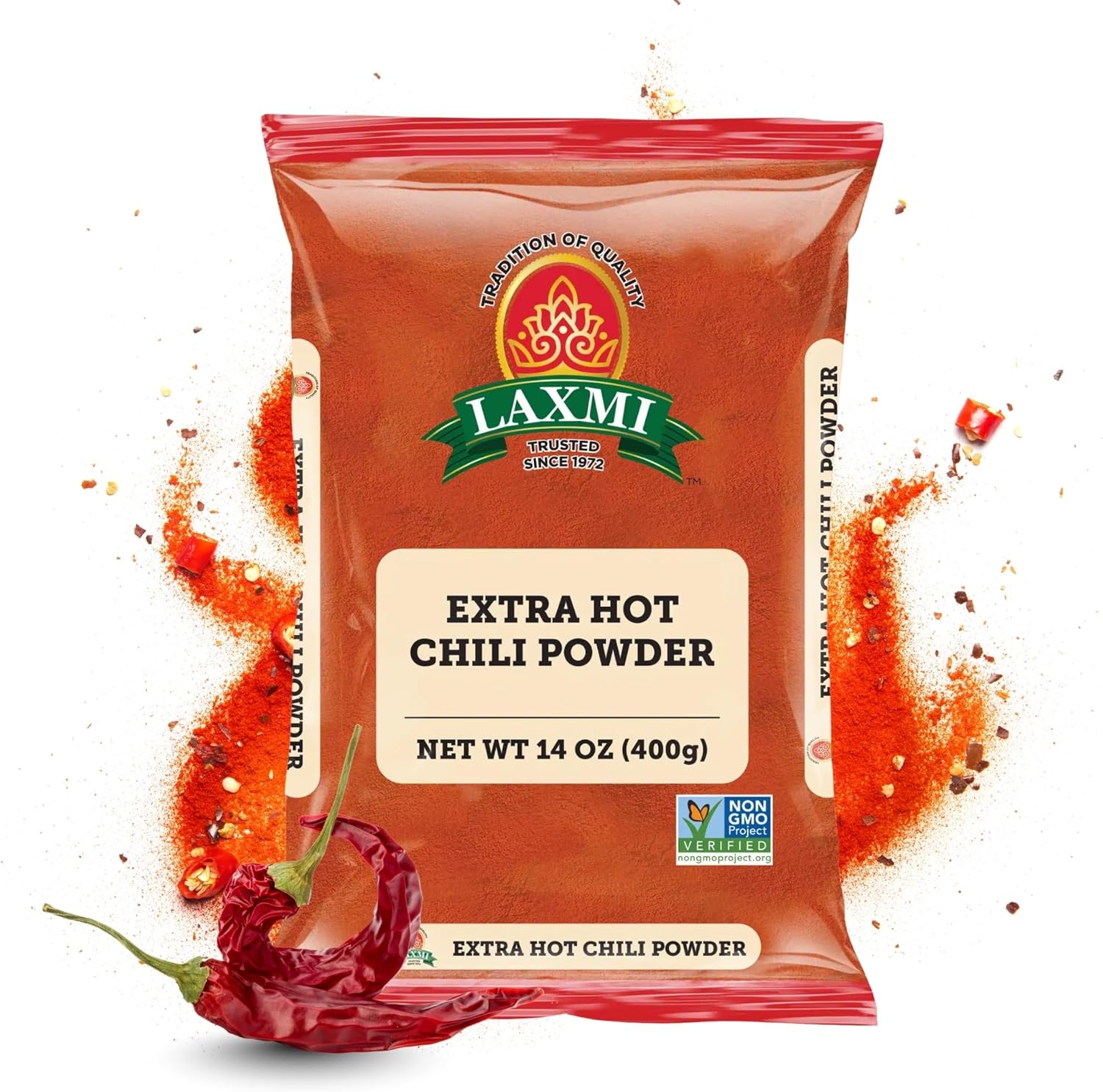 LAXMI Xtra Hot Kashmiri Chili Powder - Authentic Indian Red Chili Seasoning - NON-GMO & Natural - 14 oz Cooking Spice
